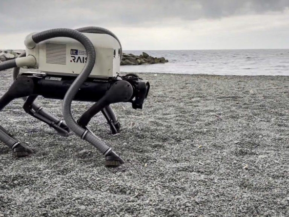 ROBOT DOG WITH VACUUM CLEANER PAWS CLEANS THE BEACH